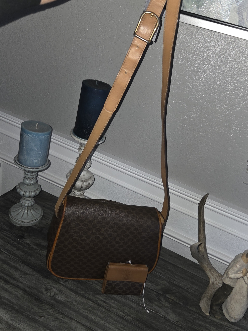 Celine Vintage Brown Patterned Crossbody Bag with Tan Strap And Matching Wallet.